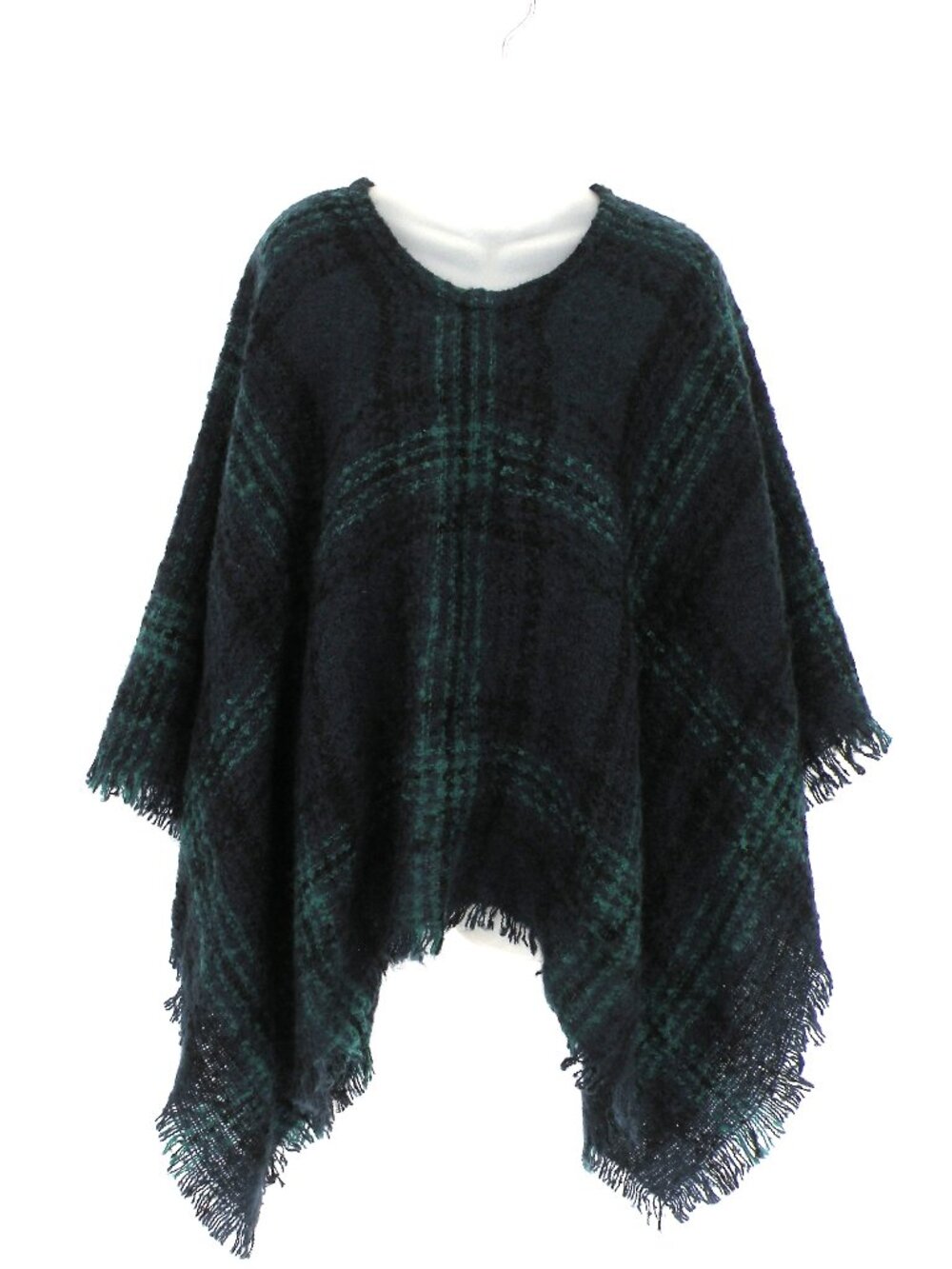 Orvis Plaid Fringe Poncho One Size Navy Green Soft Knit Cape Wrap Shawl